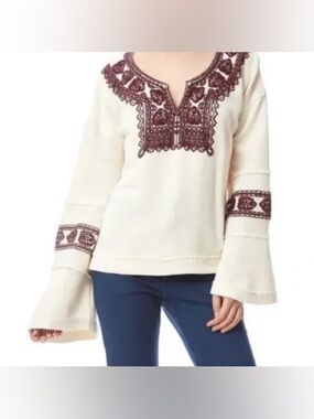 Free People Santa Maria Boho Embroidered Peasant French Terry Top Size Small